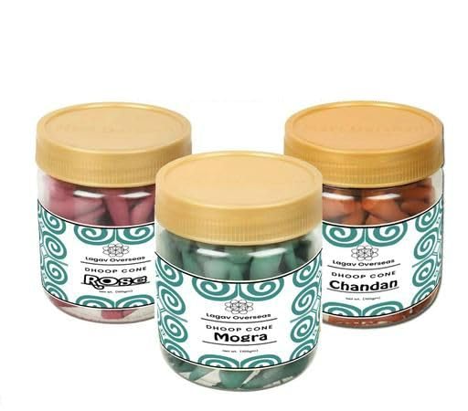 LAGAV Incense Dry Dhoop Cones Combo of 3 Boxes (100gm Each) in 3 Fragrances Rose, Sandal, Jasmine Dhoop (Pack of 3) with Burner Plate in Each Box-image-33