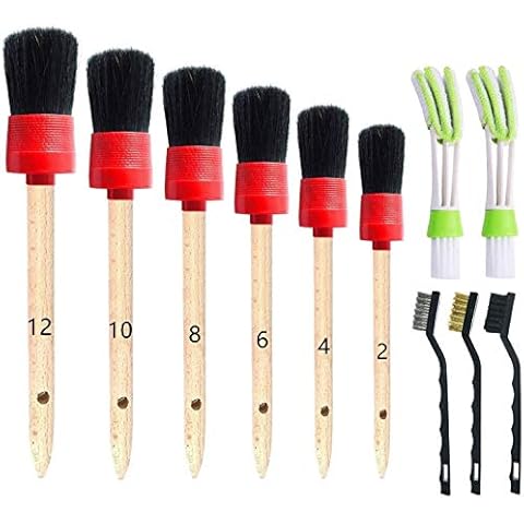 Nurkul 11Pcs Auto Detailing Set, Boar Hair Brushes, Steel Wire & A/C Brushes, Red, Soft Bristles, Wood Handles for Cleaning Interior, Exterior, Leather, 6 Sizes Cover