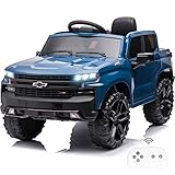 Bopilon 12V Electric Car for Kids,Licensed Chevy Silverado Truck Kids Ride On Car with Remote Control Battery Powered Electric Vehicle Toy Car, 4-Wheeler Suspension, Music& Lights, 3 Speeds(Blue)