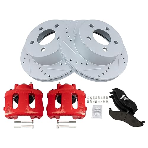 Image of TRQ Performance Front Brake Pad and Rotor Set Ceramic Coated Drilled | For 1999-2001 Jeep Cherokee 1999-2006 Wrangler