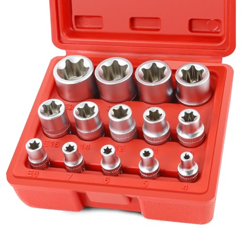 FIFIBANG Lot de 14 clés à douille E-Torx à étoiles, douilles profilées E4 - E24, étui 1/2", 1/4