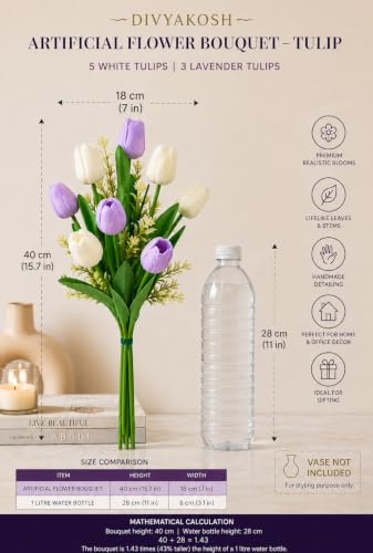 Image of Divyakosh Artificial Flowers Bunch (Vase Not Included). Artificial Flower for Vase Flower Bouquet Gift, 8 Artificial Tulips, 5 Ivory White & 3 Soft Lavender, Home Decor for Living Room