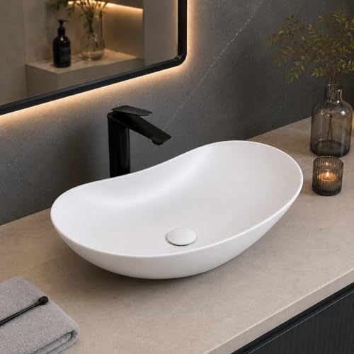 Image of QUALITO Boat Shape Table Top Wash Basin for Bathroom, Living Room, Hall, Dinning Room | Countertop /Over Counter Ceramic Vessel Sink /Basin | Marble Ceramic Wash Basin (White, 24x14x5.5 Inch)