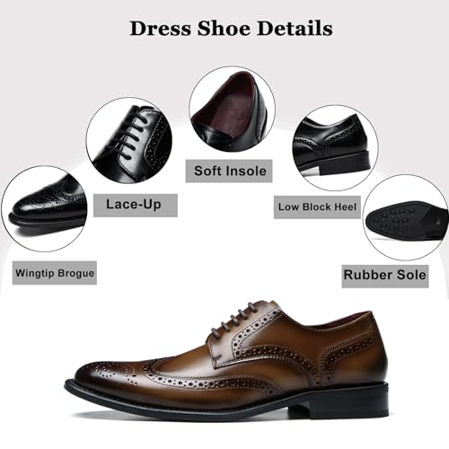 Men's Genuine Leather Wingtip Brogue Dress Shoes Classic Lace Up Comfortable Low Block Heel Derby Shoes Retro Casual Business Fomal Oxfords for Wedding Party Office Work2