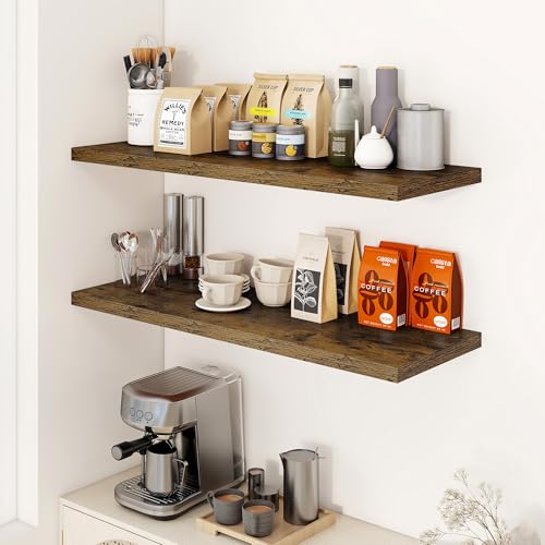 Image of Dreamland 40 inch Floating Shelves for Wall, 12 inch Deep Slim Rustic Brown Floating Shelves, Wall-Mounted Shelves for Bedroom, Living Room, Kitchen, Bathroom - Set of 2
