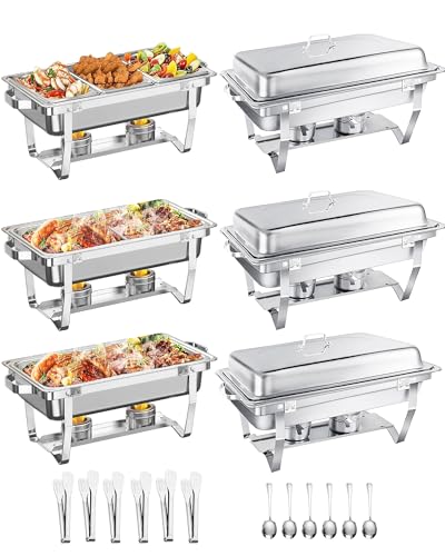 WENMILY Chafing Dish Buffet Set 9L [Robusto y de alta calidad], 6 recipientes calentadores de acero inoxidable [diseño de borde enrollable], calentador de alimentos para catering buffet y fiestas