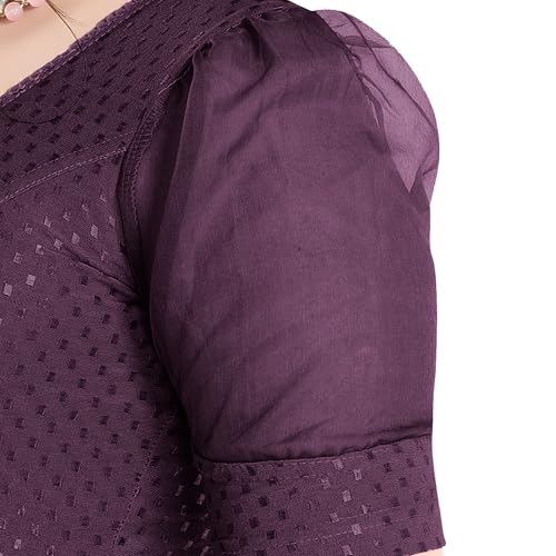 Image of FINESTFIT Stay On Trend Fashion 100% Cotton Readymade Blouses for Women,Round Neckline with Organza Balloon Sleeves.