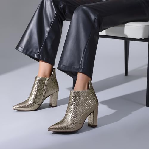 Perphy Pointed Toe Stone Printed Chunky Heels Short Ankle Boots for Women2