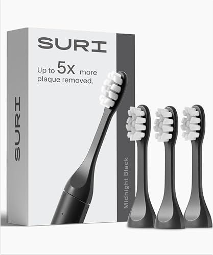 Recyclable Plant-Based, Electric Toothbrush Heads - Built-in Tongue Scraper, Long Lasting Replacement Heads | Compatible Only with SURI Sonic Electric Toothbrush - Midnight Black, Pack of 3