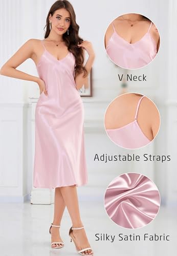 Image of ALCEA ROSEA Women's Midi Satin Slip Dress Adjustable Spaghetti Strap Nightgown Silky Under Dresses
