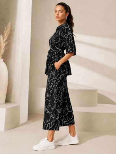 Image of Leriya Fashion Women's Rayon Co Ord Set For Women Stylish Abstract Printed | Regular Fit Shirt Top & Wide Leg Pants | Stylish Casual, Party & Vacation Wear Two Piece Outfit