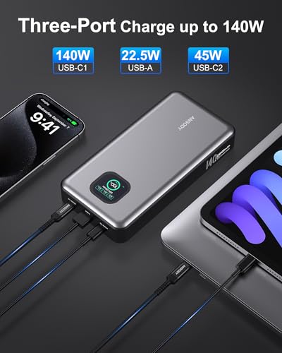 Image of 140W Power Bank, 25000mAh Laptop Portable Charger with Smart Digital Display, PD3.1 Fast Charging Battery Pack for MacBook Dell XPS iPad Tablet Steam Deck iPhone 16 /15 Series Samsung Switch, Silver