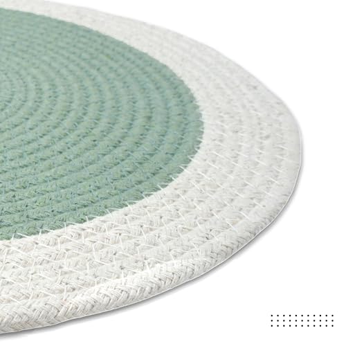 Image of Dining Table Mats Set of 4 | Cotton Table Mat 32 cm Diameter, Encasa XO Washable Round Table Mats, Heat Resistance Dining Table Placemats, Handmade Ribbed Style for Centre Table, Sage & Off White