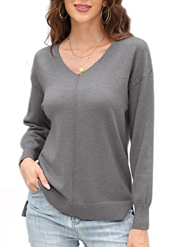 Pull Femme Pullover Col V Sweater Loose Tricoté Sweat Manche Longue Sweatshirt Causual Haut Manches Chauve-Souris Pull-Over Shirt Printemps Automne Hiver,Gris M Cover