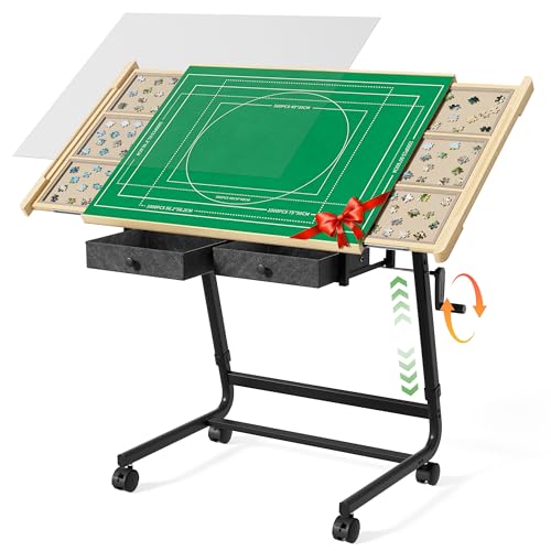 Image of CODACE Puzzle Table with Drawers - 1500 Pieces Jigsaw Puzzles Table for Adults, Hand-Cranked Height-Adjustable Puzzle Tables with Leg, Tilting Puzzle Board with 6 Tray and Cover, Present for Puzzlers
