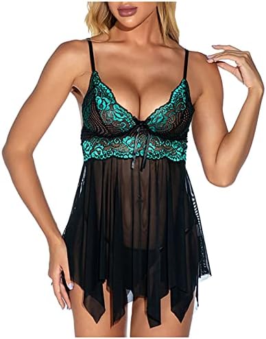 HUERTOP Sexy Lingerie for Women Lingerie Lace V Neck Camis Bowknot Mesh Temptation Babydoll Sleepwear Nightdress LB574 Green