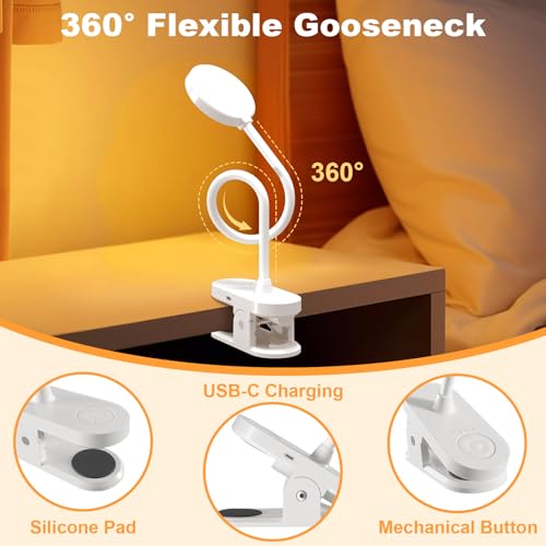 ZAPLIT 61 LED Akku Leselampe Bett –【3 Farbmodi & 10 Helligkeiten】 2000mAh Klemmlampe mit USB-C, 40cm Flexibler Schwanenhals, Buchlampe, Klemmleuchte für Schlafzimmer, Schreibtisch & Camping 3