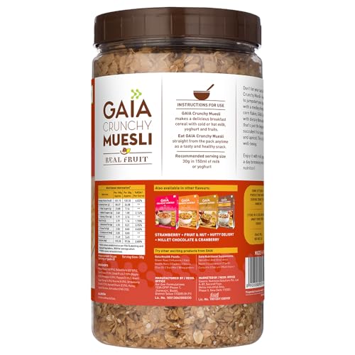 Image of GAIA Crunchy Muesli Real Fruit - Flakes, Oats, Almond, Raisins & Real Fruit, Low Calorie Healthy Breakfast, The Perfect Blend Of Crunch, Fiber-Rich Oats, Nuts, & Real Fruits, 1Kg Jar (Pack Of 2)
