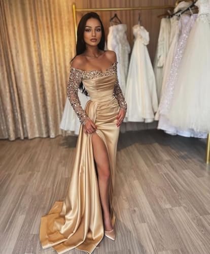 Off The Shoulder Long Sleeve Prom Dresses Long with Slit Sequin Satin Mermaid Formal Evening Gown with Train2