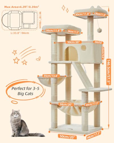 Image of Taoqimiao Cat Tree 57.5-Inch, Cat Tower for Indoor Cats Large Adult, Extra Large Cat Condo, 8 Sisal Scratching Posts, Metal Frame Cozy Hammock, Durable Scratch Board, 2 Top Perches, Beige MS026M