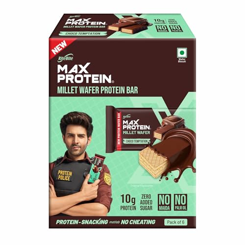 Image of RiteBite Max Protein Choco Temptation 10g Protein Millet Wafer Bars (Pack of 6), No Maida, No Palm Oil, Zero Added Sugar, Crunchy Wafer Snack, 240g