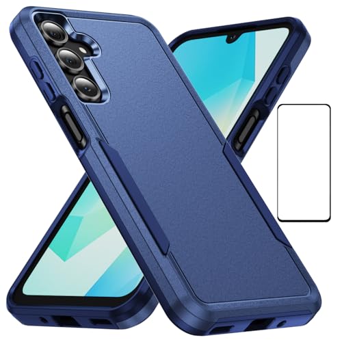 for Samsung Galaxy A16 5G Case with Screen Protector,Slim Fit Bumper Hybrid Heavy Duty Dual Layer Shockproof Rugged Protection Defender Back Cover Protective Phone Case for Samsung A16 5G (Blue)
