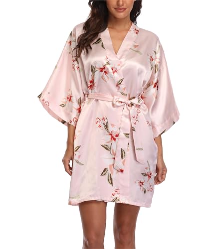 Image of Women's Short Satin Robes Lightweight Silky V-Neck Sleepwear Wedding Bridal Party Bride Bridesmaid Bathrobes