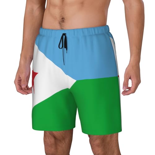Flag of Djibouti Print Men's Casual Swim Shorts, Comfortable Double Layer Beach Trunks for Lounging & Swimming2