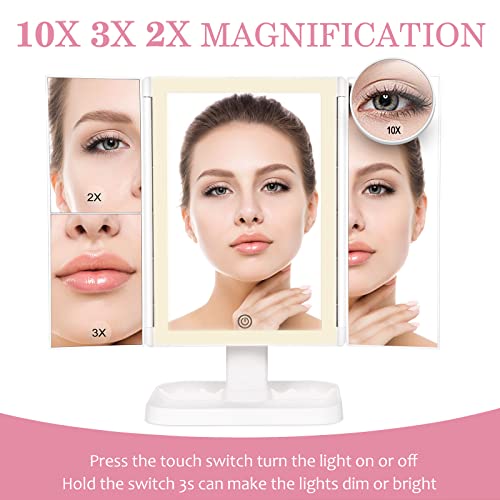 Makeup Mirror With 10X Magnifying Mirror, 3 Color Lighting, 72 Leds Vanity Mirror With Lights, Lighted Makeup Mirror, 10X 3X 2X Magnification, Touch Control, Dual Power Supply, Gift For Women #TOP3