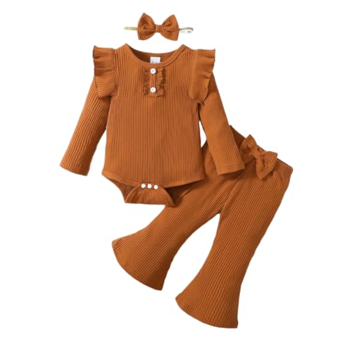 Image of YWFSHOP Baby Girl Clothes Ruffle Long Sleeve Romper and Flare Pants Set 3 Piece Girls Fall Winter Outfits