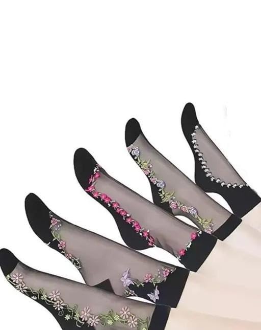Girls fashion summer net socks pack of 5 ankle length nylon solid pattern shoe liner type soft breathable stretch fit lightweight daily comfort socks set Black-picture-10