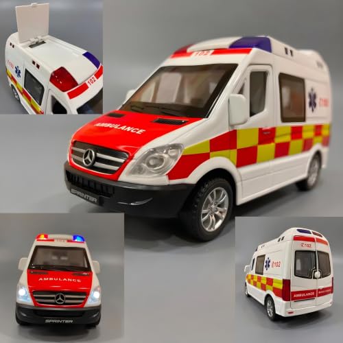 Image of 1:32 Scale Die-Cast Mercedess Ambulance Emergency Rescue Toy, Light and Siren Sound Effects, Pull-Back Action, Openable Doors and Rear Hatch for Kids (Ambulance), Red