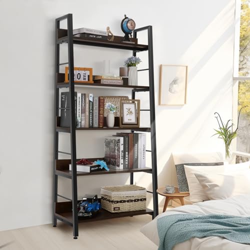 BATHWA-5-Tier-Book-Shelf-Rustic-Industrial-Ladder-Bookshelf-Wood-Metal-Dark-Brown-Farmhouse-28-Wide-59Tall-Ladder-Shelf-Living-Room-Bedroom-Home-Office BATHWA 5 Tier Book Shelf Rustic Industrial Ladder Bookshelf Wood Metal Dark Brown Farmhouse 28 Wide 59Tall Ladder Shelf Living Room Bedroom Home Office