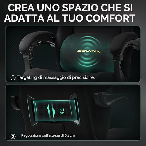 Sedia da gaming, ergonomica, con cuscino lombare, poggiatesta regolabile in altezza, cuscino ispessito, poggiapiedi allungabile, braccioli regolabili, velluto in microfibra - Sedia gaming - Immagine 6