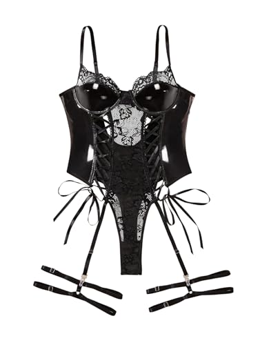 Lilosy Sexy Lace Up Floral Garter Underwire Teddy Bodysuit Lingerie Belt Women Top One Piece Black Medium