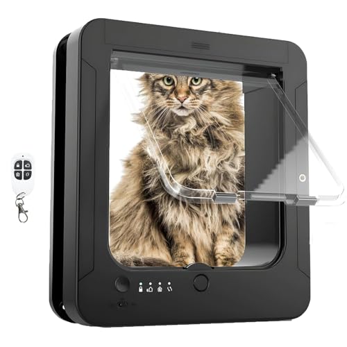 Puerta de Gato de Lujo Mart Microchip con 2 Collares y Control Remoto, Aleta selectiva de Mascotas para Gatos Perros pequeños, diseño Resistente a la Intemperie, fácil instalación, Negro
