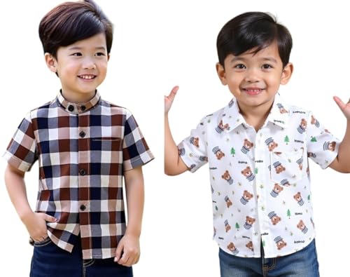 Image of Boys Short Sleeve Button Down Shirts, Plaid and Striped Pattern, Cotton Casual Tops, Pack of 2
