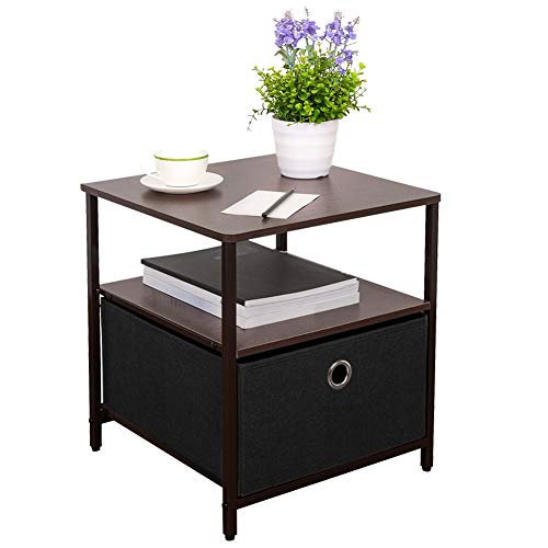 WAYTRIM 2-Tier Night Stand End Table with One Fabric Drawer Organizer Unit Short