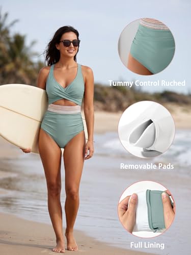 Image of B2prity Women's One Piece Swimsuit Tummy Control High Waisted Bathing Suit | Color Block,Removable Soft Cups,Cutout,V neck,Full Coverage,Adjustable Criss Cross Straps,Tie Back