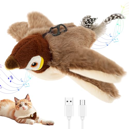 KTCINA Pájaro Interactivo Gato Juguete Interactivo 24cm Sensor Táctil 3 Frecuencias USB Recargable Pájaro Interactivo Lavable con Catnip – Estimula el instinto de caza inteligente