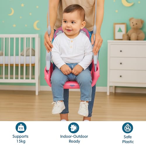 Image of Amazon Brand - Supples Baby Swing for Kids | Non-Toxic Plastic | Indoor & Outdoor Use | Adjustable Design with Safety Belt | Age 6 Months to 4 Years | Blue & Pink