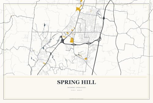 Spring Hill Tennessee Street Map Aluminum Sign, Citrine Modern, 12" x 8"