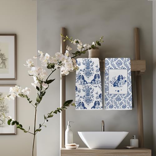 Image of Chinoiserie Cavalier King Charles Kitchen & Hand Towels Set of 2, Blue and White Floral Dog Dish & Tea Towels for Kitchen Bathroom Decor, Vintage Toile Dog Lover Gifts for Women 16x24 Inch