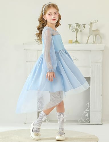 Happy Cherry Girls Puff Long Sleeve Contrast Mesh High Low Layered Dress Polka Dor Party Formal Sundress4