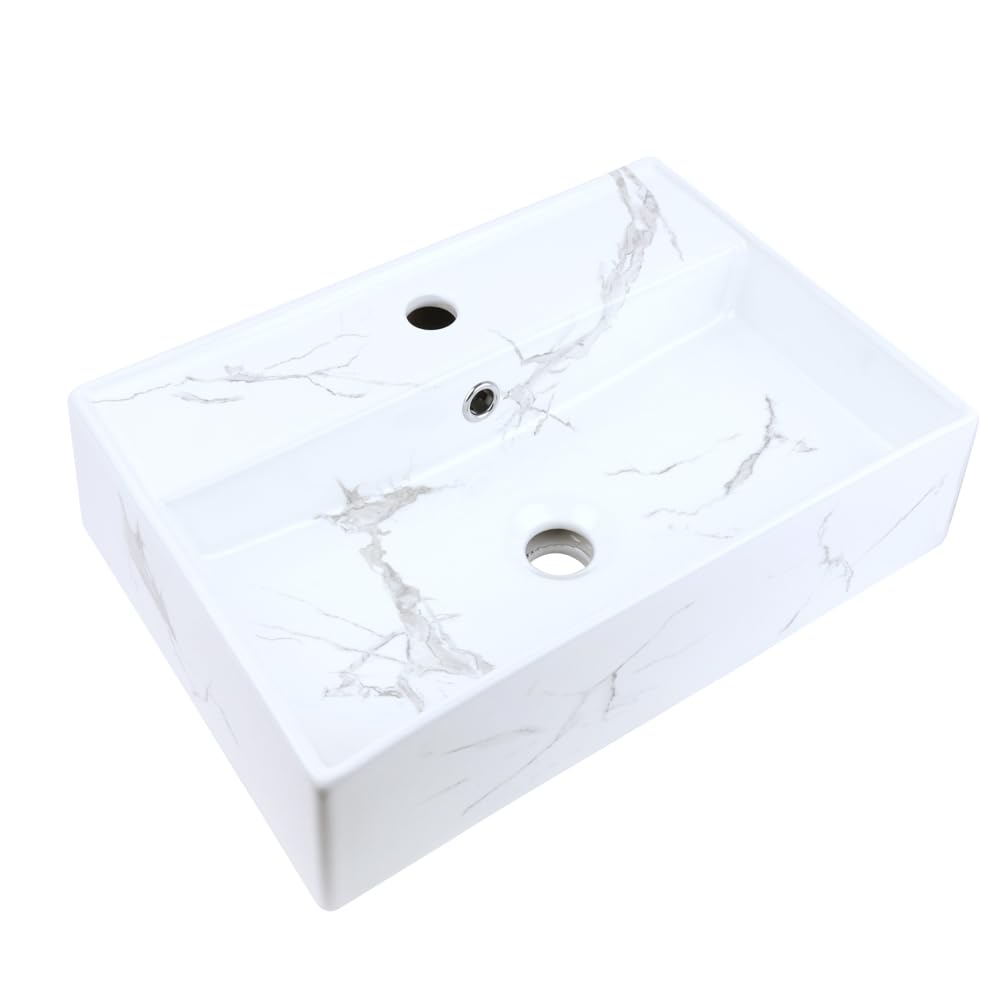 Milano White Marble Elswick Effect Wall Hung Rectangular 1 Tap Hole Bathroom Basin Sink - 500Mm X 350Mm