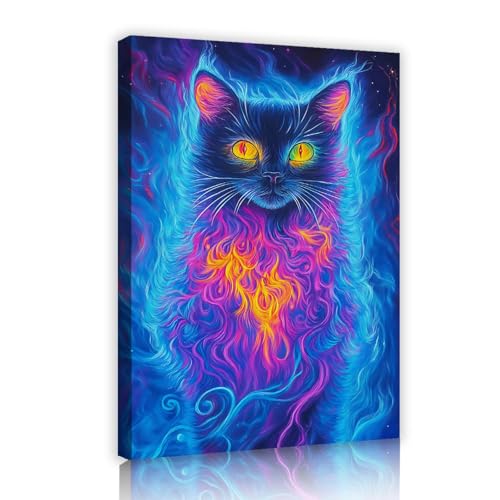 UIRINGART Gato Místico Lienzo Lienzo Arte de Pared Azul y Morado Elegante Gato Cuadro Pintura Póster para Pasillo Sala de Salón Decoración de Halloween 75x120cm Marco interior