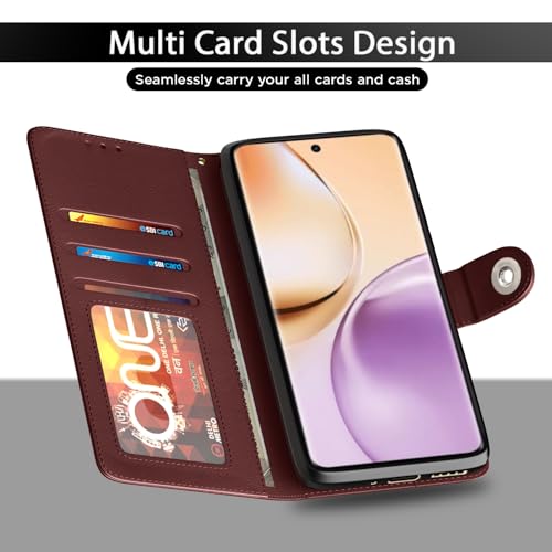 Image of Pikkme Flip Cover Leather Finish | Inside TPU with Card Pockets | Wallet Stand and Shock Proof | Complete Protection Button Flip Case for Realme 14 Pro 5G(Brown)