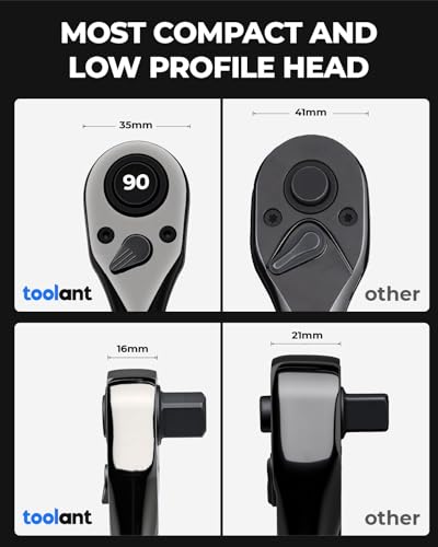 Image of toolant 1 /2 inch Drive Ratchet, 90-Tooth Compact Ratchet Wrench, 4Swing, Black Titanium Finish with Reversible Quick Release, 10 inch Length