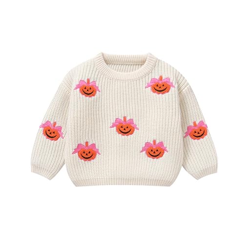 Girls Cute Pumpkin Pullover Kids Print Ribbed Knitted Crewneck Tops Warm Christmas Long Sleeve Sweaters
