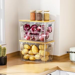 Delamu 2 Set Pantry organizers and Storage, kitchen organizers and storage with Bamboo Top, Stackable Kitchen Pantry bin for Onion,Potato,Fruits,Produce,Vegetable Delamu 2 Set Pantry organizers and Storage kitchen organizers and storage with Bamboo Top Stackable Kitchen Pantry bin for OnionPotatoFruitsProduceVegetable